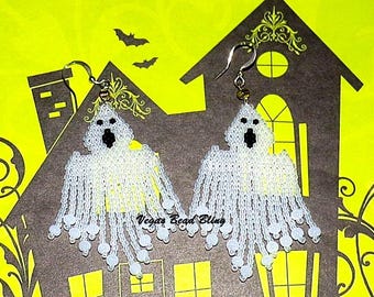 White Seed Bead Ghost Earrings • Flowing Fringe Halloween Jewelry