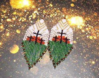 Beaded Easter Earrings • Three Crosses Sunrise Scene • Handmade Fringe Dangles