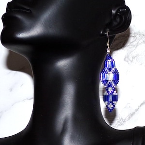 Art Deco Cobalt Blue Glass Bugle Bead Dangle Earrings - Elegant Silver Accents