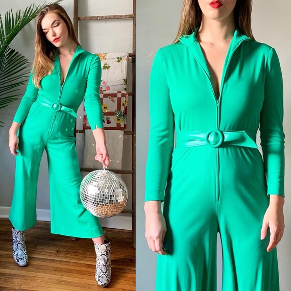 1970s Green Belted Jumpsuit // Vintage 70s Front Z