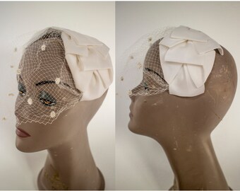 1960s White Bow Headband with Net Veil // Vintage 60s Bow Half Hat