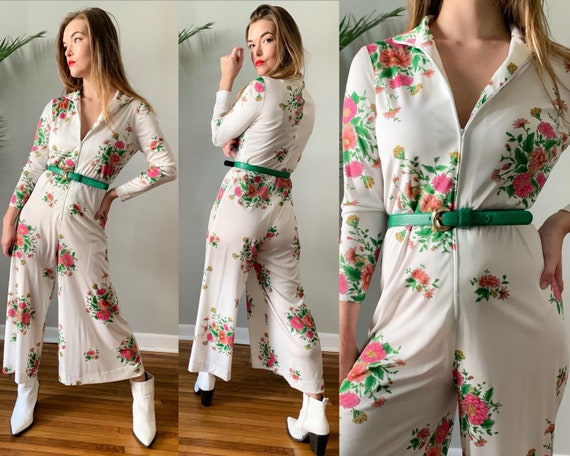 1970s Floral Front Zip Jumpsuit // Vintage 70s Whi