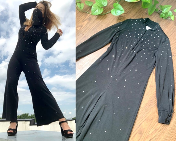 1970s Black Rhinestone Studded Front Zip Jumpsuit