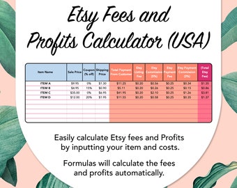 Etsy Fees Calculator and Etsy Profit Calculator USA Version– Excel Spreadsheet Instant Download File – Listing Fees, Simple and Easy to Use