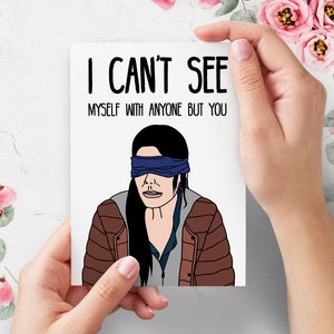 Tarjeta meme con lindo motivo de San Valentín / Tarjeta divertida de aniversario con temática de Bird Box / Tarjeta divertida de amor con temática de la película Sandra Bullock