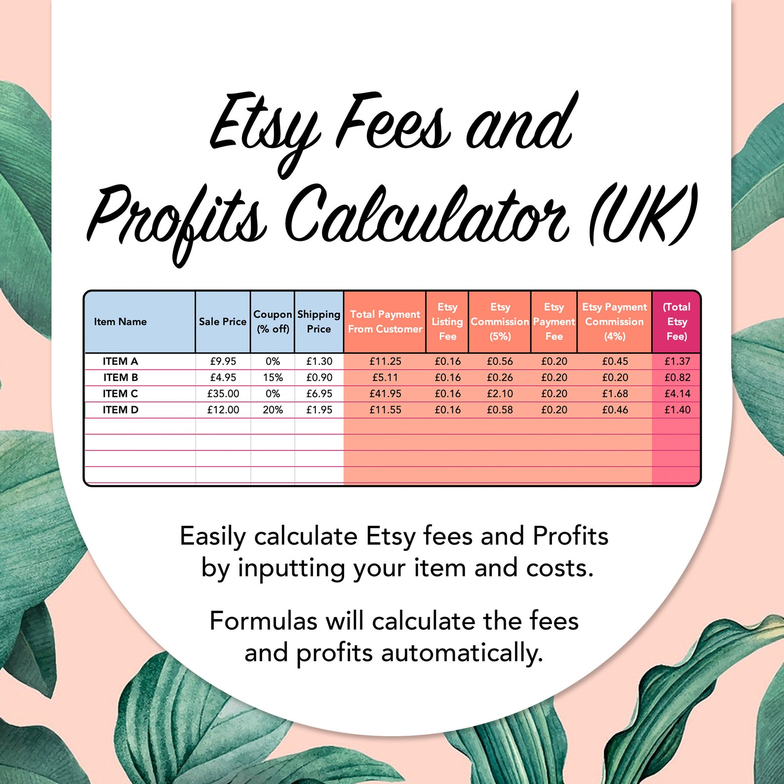 Etsy Fees Calculator and Etsy Profit Calculator Excel Etsy UK