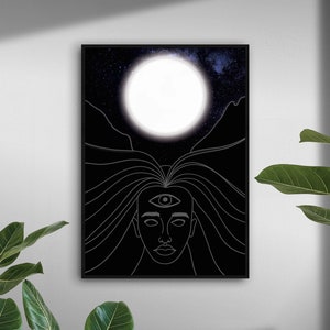 Derde oog tarot vrouw maan poster A3 of A4 | Grafische posterillustratie | Hekserij, alchemie, astrale, astrologische poster