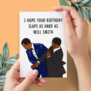 Will Smith dando um tapa no cartão de aniversário engraçado do Oscar 2022 | Batidas do aniversário de Meme Cartão Comemorativo | Cartão engraçado de celebridade