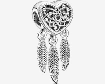 925 Sterling Silver three feathers dream catcher pendant charm universal size fits pandora bracelets spiritual heart charm