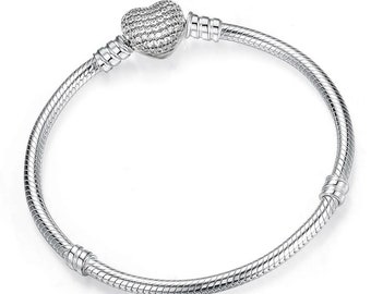 Silver Heart Clasp Snake Chain Charm Bracelet, Fits pandora charms clips, Disney Friendship Couple Bracelet Silver Bangle Classic Bracelet