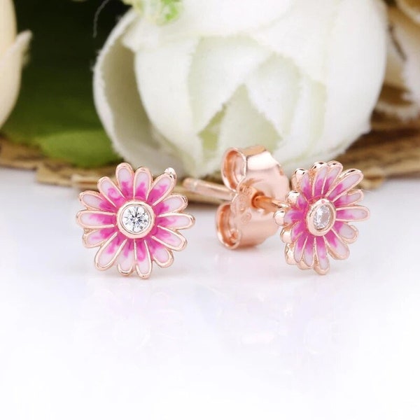 925 Silver Sterling Rose Gold Pink Daisy flower elegance Round Stud Earrings, Sterling Silver Earrings Women Jewellery, Mother’s Day Gift