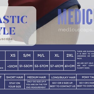 May include: A chart with a size guide for elastic style headwear. The chart includes head circumference measurements in inches for different sizes, from XS to 2XL. It also provides guidance on how to choose the right size based on hair length, including short hair, medium hair, long/bulky hair, and ponytails. The chart includes the text "medicuscaps.com".