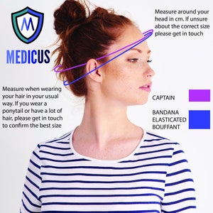 May include: Diagram showing how to measure your head for a headband. The headband styles are labeled "Captain", "Bandana", "Elasticated", and "Bouffant".