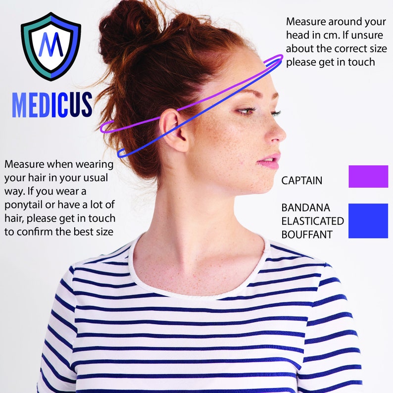 May include: Diagram showing how to measure your head for a headband. The headband styles are labeled "Captain", "Bandana", "Elasticated", and "Bouffant".