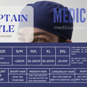 May include: A size chart for a blue medical scrub cap with the text "CAPTAIN STYLE" and "MEDICUS" on the top. The chart shows the size of the cap in inches and the corresponding head circumference in centimeters. The chart also includes information about the amount of hair and the best size to order.