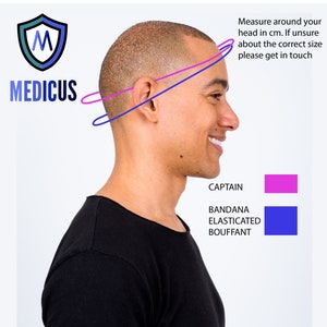 May include: A man's head with a blue and pink line drawn around it. The text "Measure around your head in cm. If unsure about the correct size please get in touch" is above the image. The text "CAPTAIN" is next to a pink square. The text "BANDANA ELASTICATED BOUFFANT" is next to a blue square.