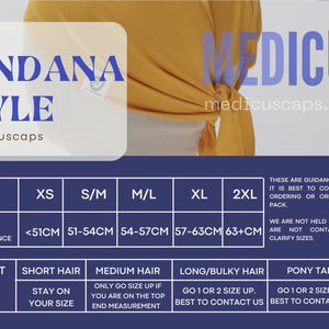May include: A chart showing bandana style headwear sizing guide for short, medium, long/bulky, and pony tail hair. The chart includes head circumference measurements in inches for XS, S/M, M/L, XL, and 2XL sizes. The text on the chart reads "Bandana Style" and "@medicuscaps".