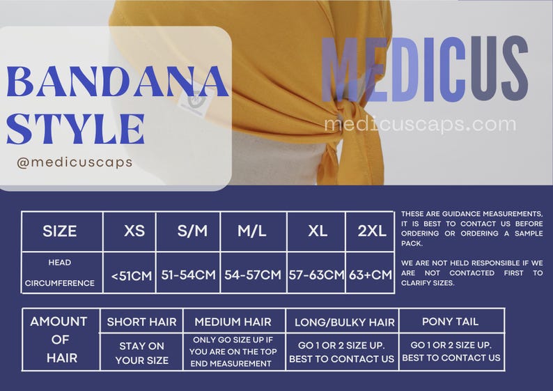 May include: A chart showing bandana style headwear sizing guide for short, medium, long/bulky, and pony tail hair. The chart includes head circumference measurements in inches for XS, S/M, M/L, XL, and 2XL sizes. The text on the chart reads "Bandana Style" and "@medicuscaps".
