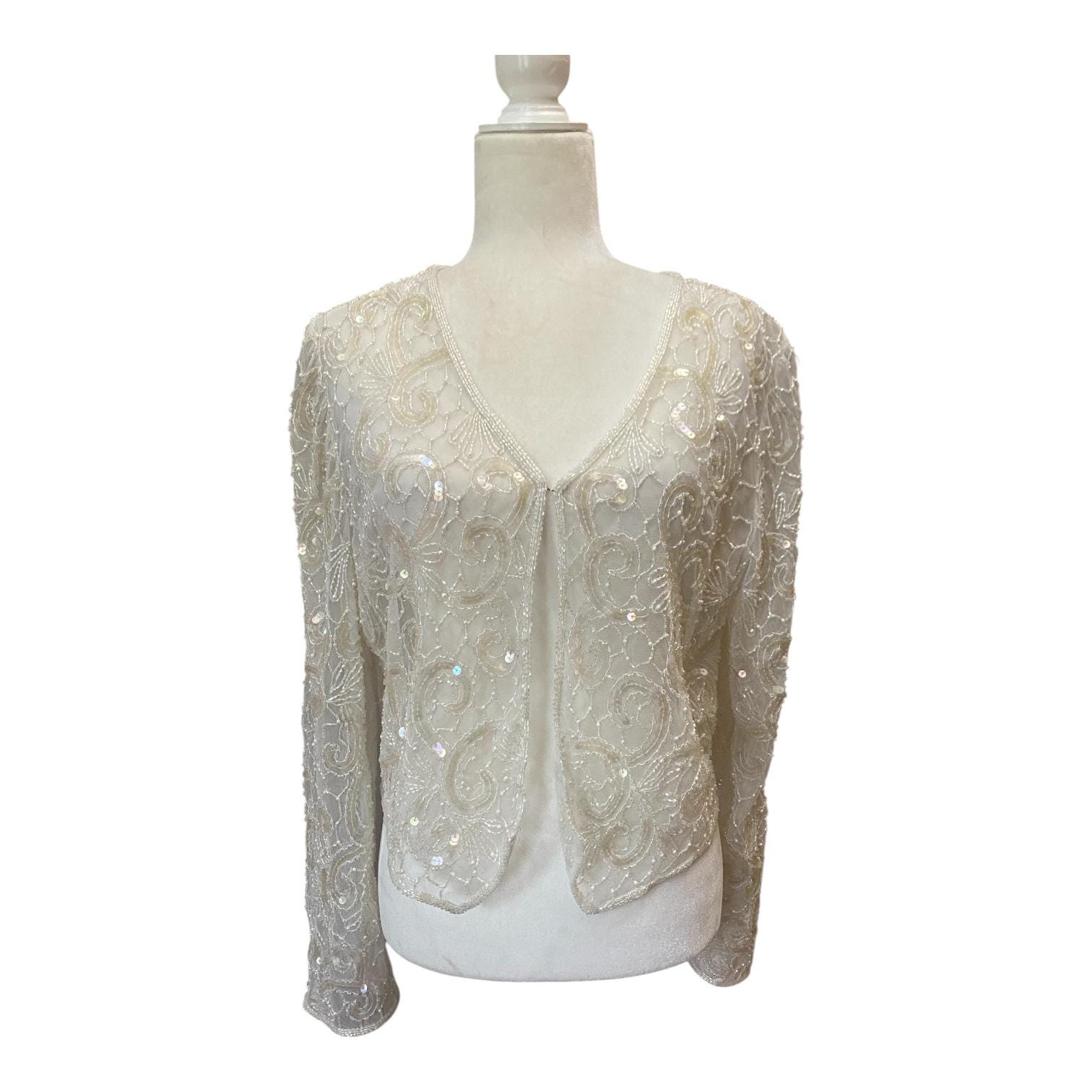 Vintage Sheer White Lace Sequin Bolero Jacket Size Medium Cocktail Evening Bride