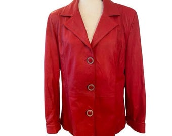 May include: A red leather jacket with a collared neckline and button closure. The jacket has a fitted silhouette and long sleeves.