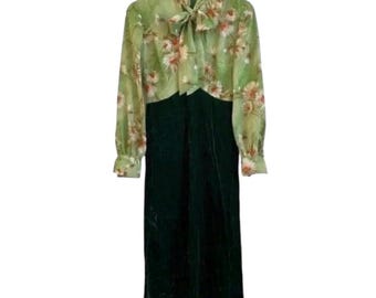 Vintage Womens Green Floral Handmade Velvet Maxi Dress