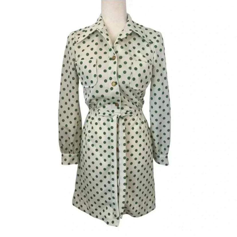Parade Vintage Womens green Polka Dot Button Up 1970s Shirt Dress