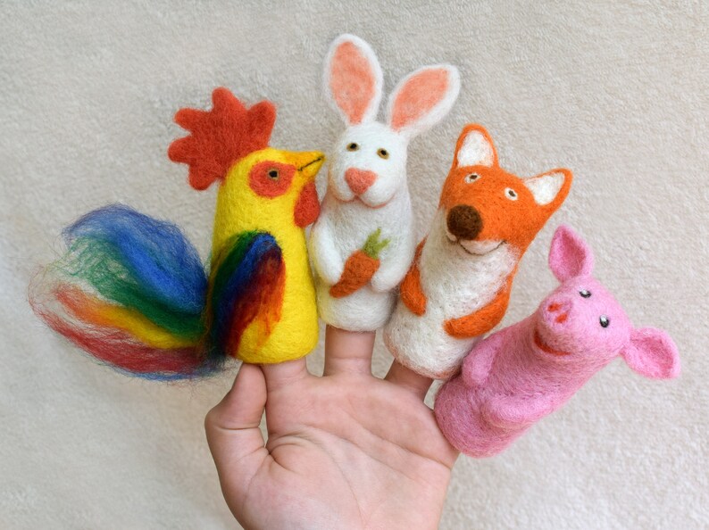 Needle felted finger puppets Pig Bunny Fox colorful Etsy