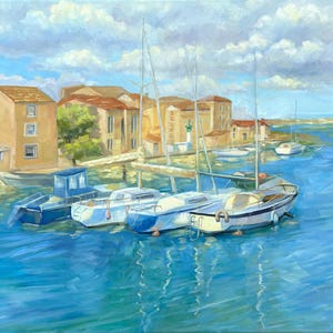 May include: Oil painting depicting a harbour scene with several sailboats moored in the water. Buildings with orange roofs and beige walls line the shore. The sky is blue with fluffy white clouds.