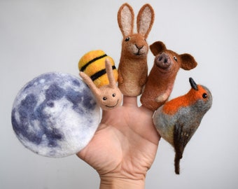 Needle felted moon finger puppet - felt snail in natural colors - brown rabbit - pig - red robin bird - handmade toys
