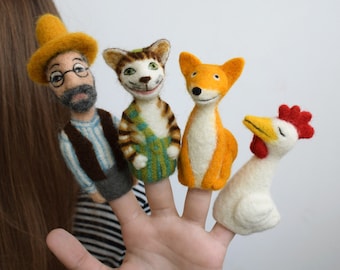 Wool felt finger puppets Findus and Pettson Needle felted chicken and fox