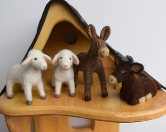 Brown ox lying - donkey standing - sheep - Needle felted nativity ornaments