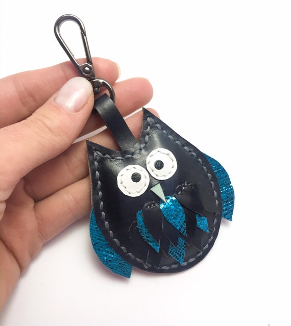 LeatherGiftArt Leather Keychain Cute Little Blue Bird Animal Handmade Leather Owl Bag Charm Big JW Gift Women Gift Bag Keychain Key Ring JW Gift