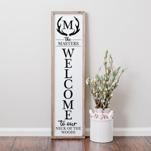 Vorderporchen Vertikales Weihnachtsschild - Willkommen am Hals des Waldes Willkommensschild - Familienname SVG, Familienname Porch Schild