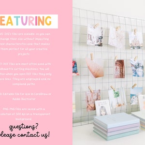 May include: A pink background with text that reads "FEATURING" in colorful letters. The text describes the different file types included in a digital download: SVG, DXF, EPS, and PNG. The image also shows a white grid wall with photos hanging on it and a stack of colorful notebooks.