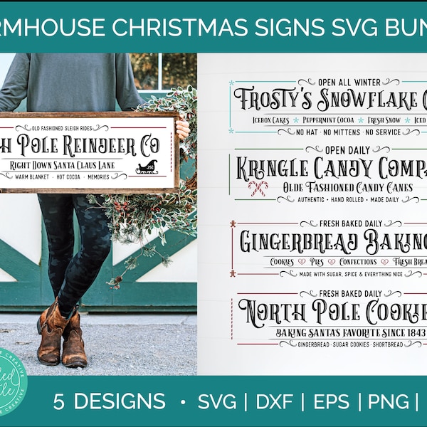 Christmas SVG Farmhouse Sign Bundle - North Pole Cookie Co, Frosty's Snowflake Cafe, Gingerbread Baking Co