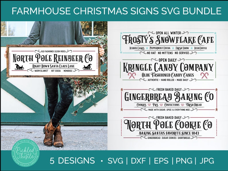 Pu&ograve; includere: Un pacchetto digitale di cinque design di insegne natalizie in stile rustico con testi come North Pole Reindeer Co, Frosty's Snowflake Cafe, Kringle Candy Company, Gingerbread Baking Co e North Pole Cookie Co con grafiche natalizie decorative.