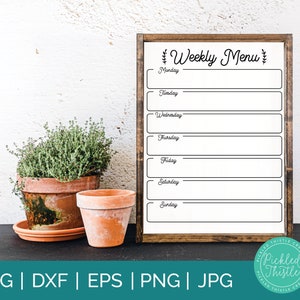 Planificateur de Menu hebdomadaire SVG, Menu hebdomadaire imprimable, svg de planification de repas, svg de calendrier familial, dxf de repas hebdomadaires, png de cuisine de ferme