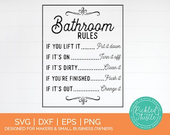 May include: Black and white printable sign with the text "Bathroom Rules" and a list of rules for bathroom etiquette. The rules include: "If you lift it, put it down", "If it's on, turn it off", "If it's dirty, clean it", "If you're finished, flush it", and "If it's out, change it".