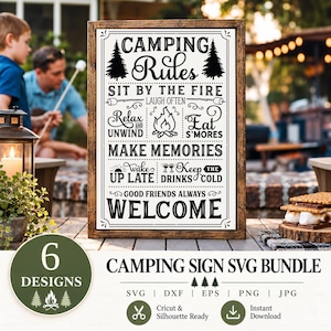 May include: A rectangular wooden sign featuring black text and graphics on a white background. The text reads: CAMPING RULES, SIT BY THE FIRE, LAUGH OFTEN, RELAX AND UNWIND, EAT S'MORES, MAKE MEMORIES, WAKE UP LATE, KEEP THE DRINKS COLD, GOOD FRIENDS ALWAYS WELCOME.