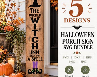 Può includere: Un alto cartello rettangolare in legno con testo nero che recita THE WICKED WITCH INN STAY FOR A SPELL, sormontato da un grafico di un cappello da strega e rifinito con stivali da strega viola e verdi in basso, presentato come pacchetto digitale.