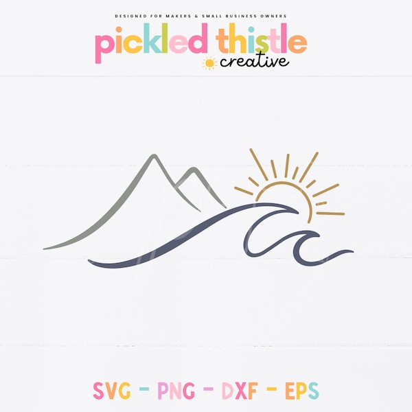 Mountain Wave Sun Coastal Landscape SVG | Sun Ocean Line Art | Coastal Landscape PNG | Simple Nature Design