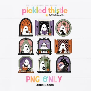 Peut inclure: Une collection numérique de neuf illustrations montrant des fantômes blancs dans divers décors, lisant, tricotant ou écoutant de la musique. Le texte indique pickled thistle creative et PNG ONLY 4000 x 4000. Chaque fantôme est encadré par des fenêtres.