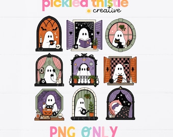 Cozy Halloween Ghost Window PNG, Cute Spooky Ghost Collage with Reading Baking Knitting and Black Cat, Digital Download