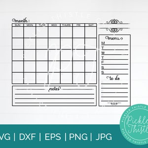 Op de afbeelding: Een printbare maandelijkse planner met een kalenderrooster, een menu-sectie, een to-do-lijst en een notitiesectie. De planner heeft een eenvoudig zwart-wit ontwerp.
