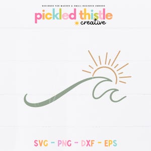 May include: A logo with a sun and wave design in tan and green. The text "pickled thistle creative" is at the top in various colours. Below, the text "SVG - PNG - DXF - EPS" is displayed.