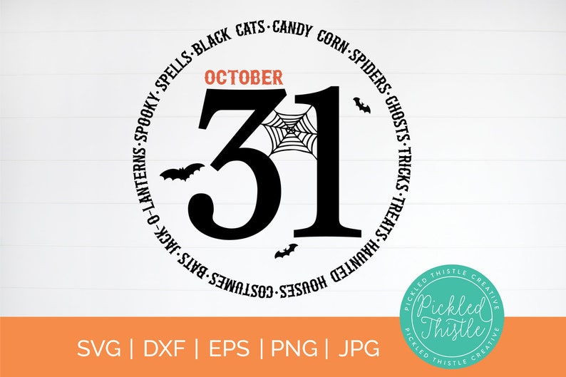 May include: A black and white Halloween-themed graphic with the text "October 31" and a spider web. The design includes bats and words like "spooky," "treats," and "haunted." The bottom of the image shows file type options.