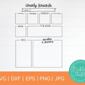 Könnte beinhalten: Ein schwarz-weißer druckbarer Wochenplaner mit Abschnitten für Montag bis Donnerstag, Freitag, Wochenende, Notizen und Kritzeleien und Träume. Der Planer hat einen Titel, der "Weekly Schedule" lautet, und eine Zeile für die Woche von.