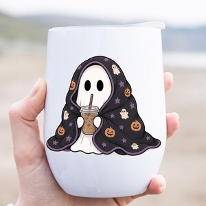 Digital PNG design showing a sweet ghost tucked under a black blanket with purple edging, pumpkin faces, tiny ghosts, and stars.
