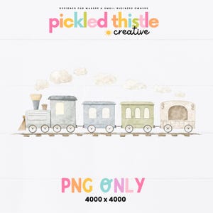 May include: Watercolor illustration of a train with four cars, each in a different pastel color. The train is on a track with fluffy clouds above. The text "PNG ONLY" and dimensions are at the bottom.
