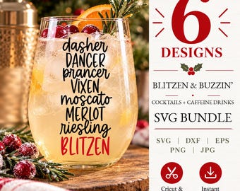 Può includere: Un calice da vino senza stelo riempito con una bevanda chiara, ghiaccio, fette d'arancia e rosmarino, con testo nero e rosso che elenca nomi di renne e tipi di vino: dasher, DANCER, prancer, VIXEN, moscato, MERLOT, riesling, BLITZEN.